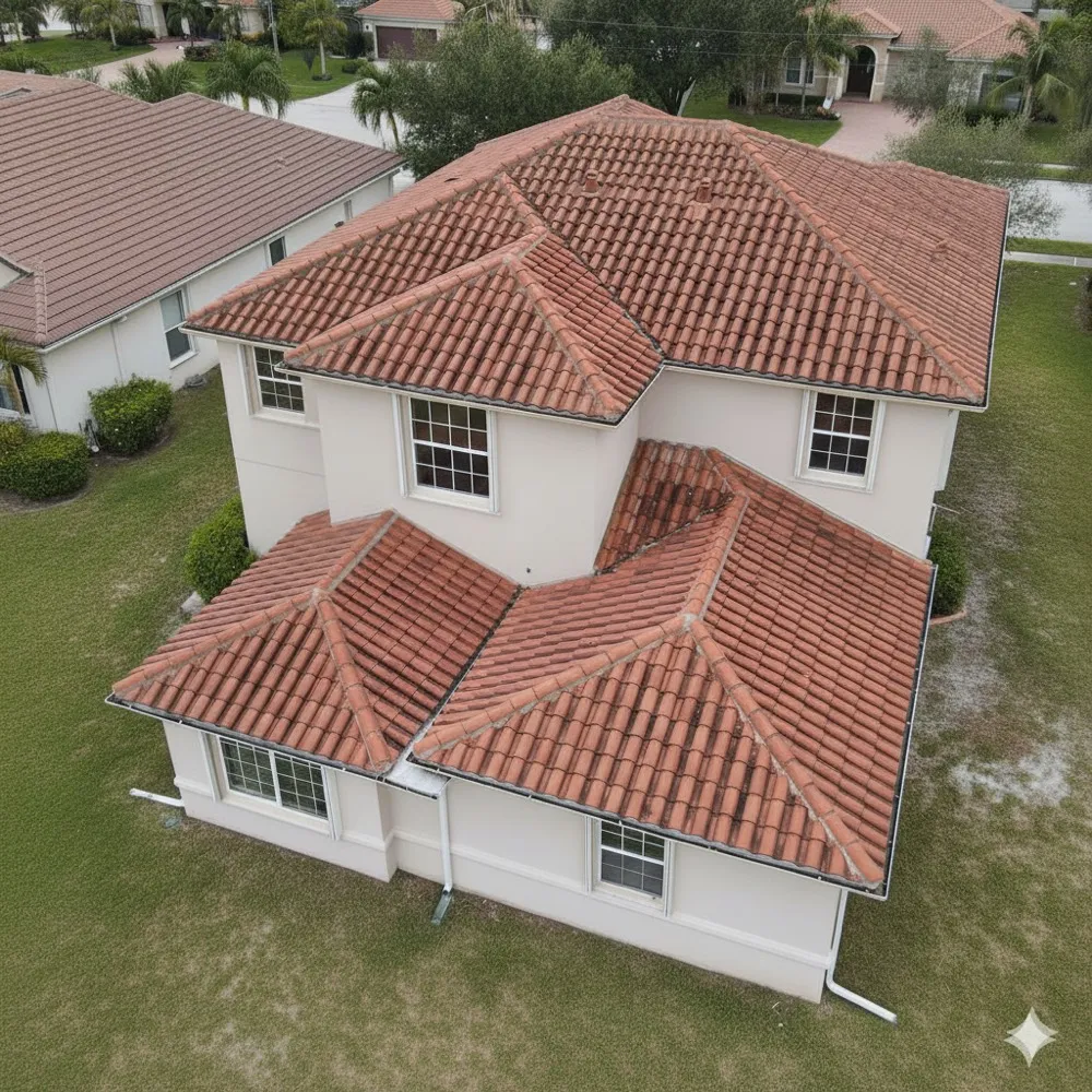 Doral home before roof replacement, showing age-damaged tile