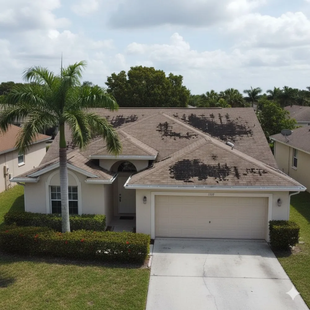 Hialeah home before roof replacement, showing storm damage