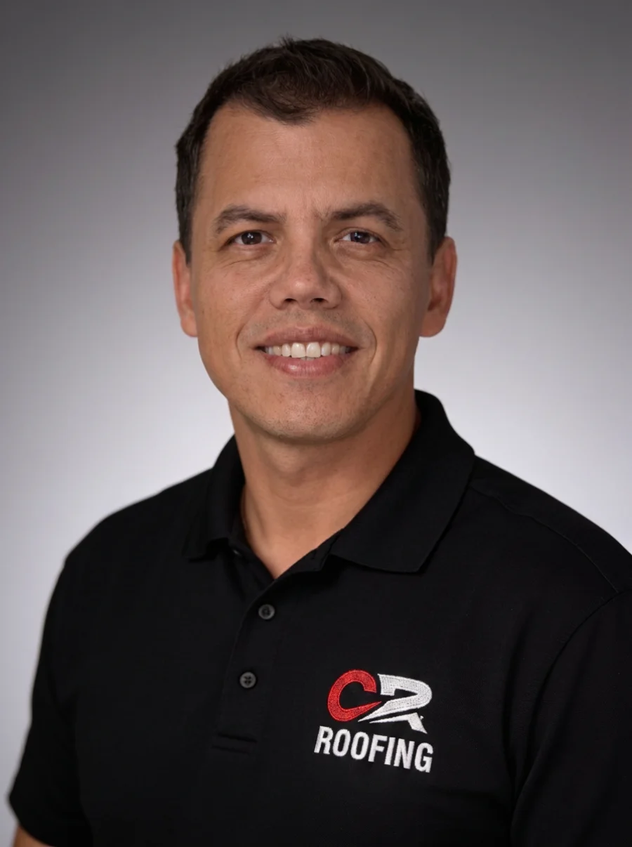 Owner of Cardona Roofing Inc wearing the CR Roofing company polo