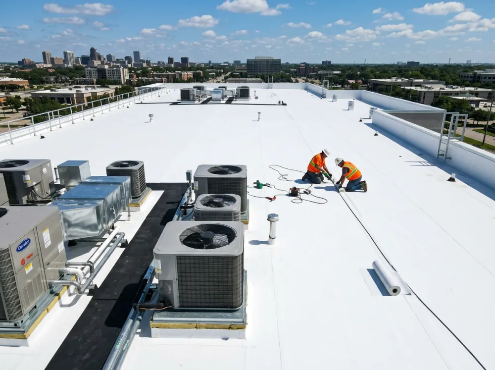 Commercial flat roof with new white TPO membrane