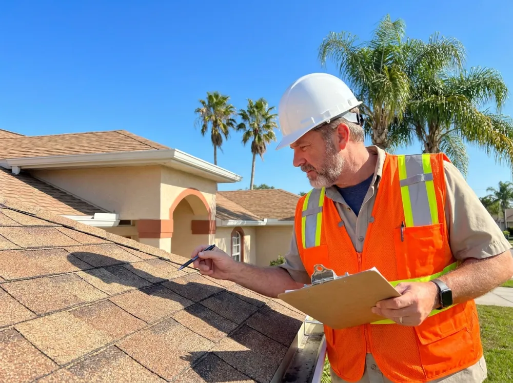 Roofing inspector examining a residential roof with a clipboard