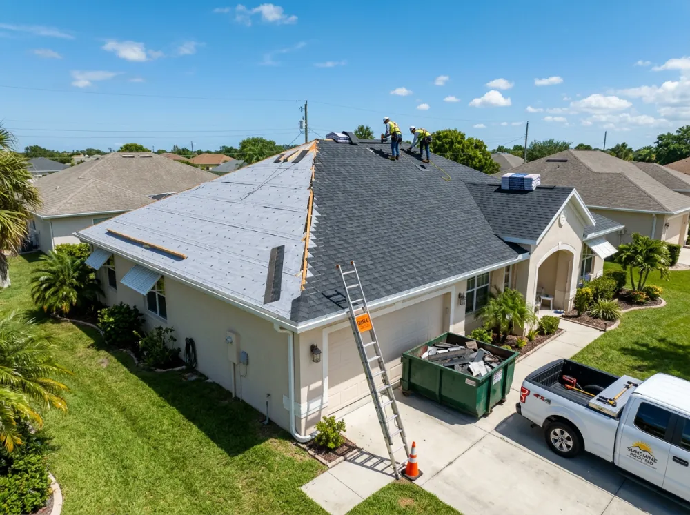 Home mid roof-replacement with new shingles being installed