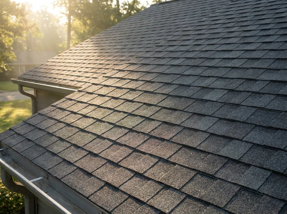 Freshly installed dimensional asphalt shingles in charcoal gray